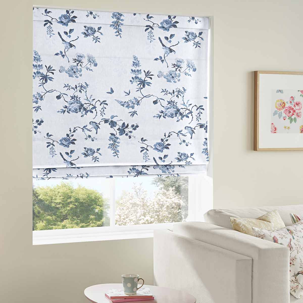 Birds and Roses Blue Roman Blind Birds and Roses Blue Roman Blind